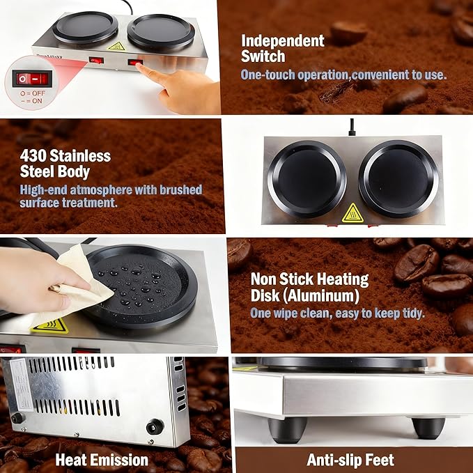 Commercial Double Coffee Carafe Warmer, Stainless Steel, 2 Burners Decanter