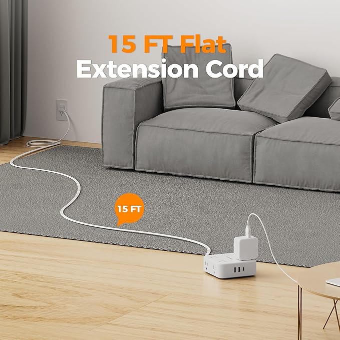 Surge Protector Power Strip, TESSAN 15 FT White Extension Cord Flat Plug