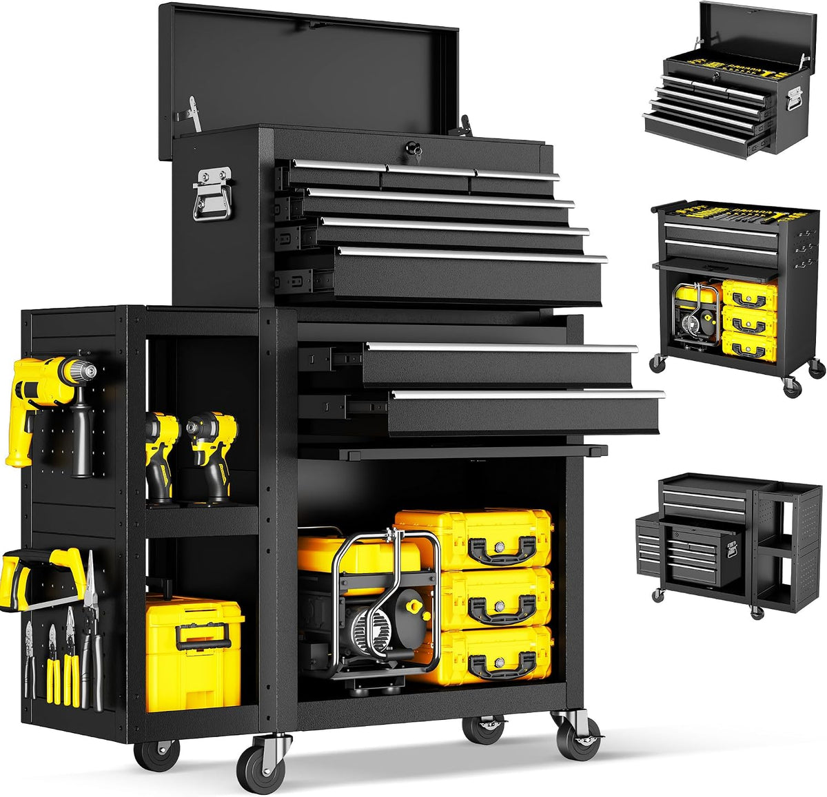 8-Drawer Rolling Tool Chest with Wheels, Lockable 3-in-1 Tool Box, Detachable Top Toolbox & Bottom Storage Cart with Side Hooks, Heavy Duty Steel Tool Cabinet for Garage, Workshop, Warehouse