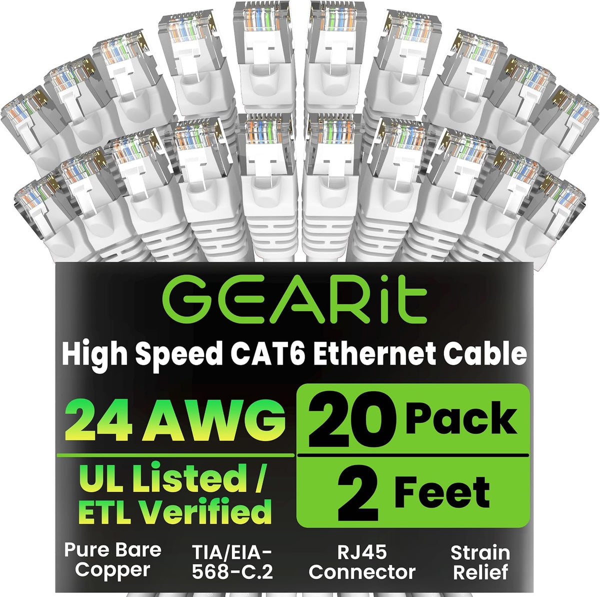 GEARit Cat 6 Ethernet Cable Cat6 Network Patch, Snagless Cord, Internet (20-Pack)