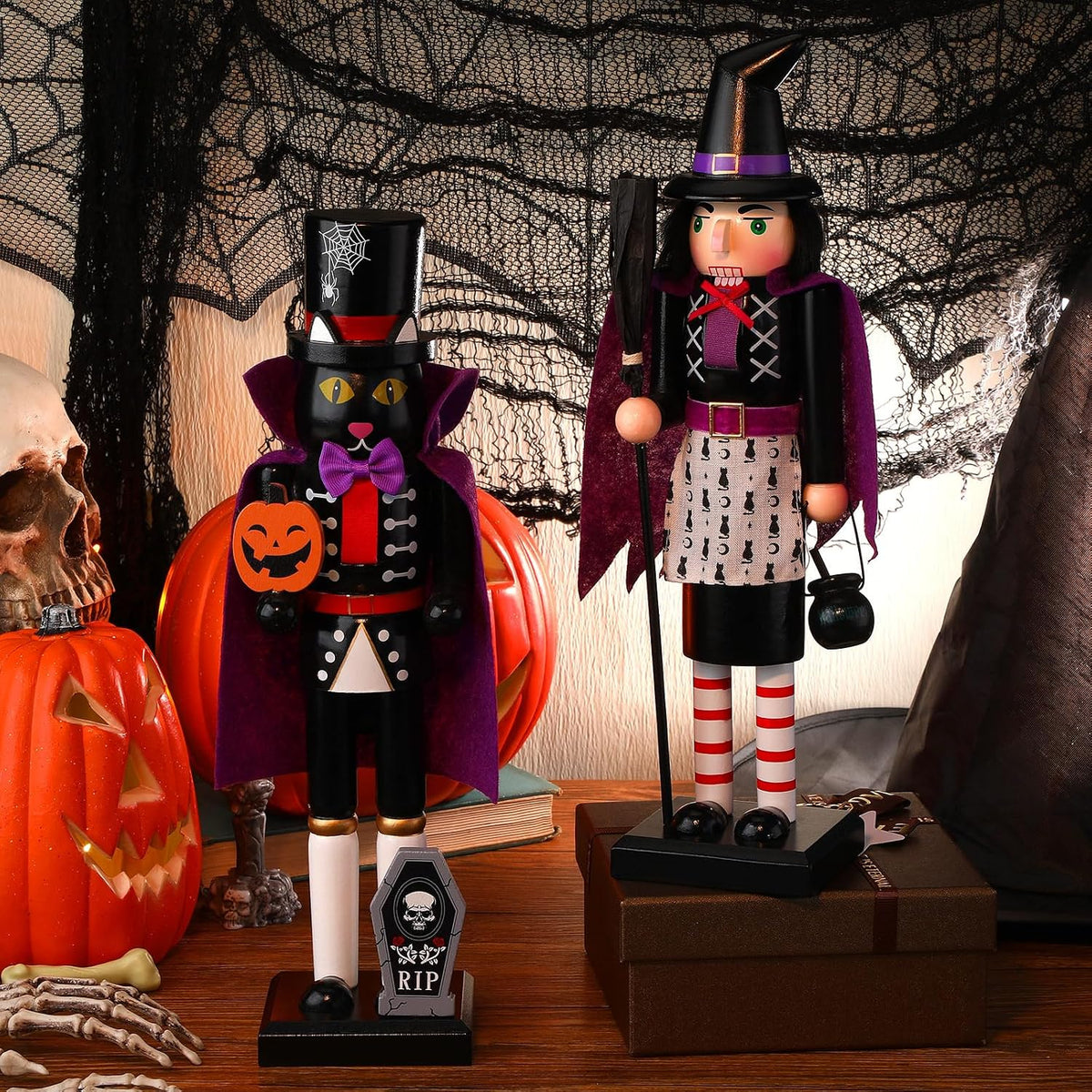 RattanView 2 Pcs Halloween Nutcracker 14 Inch Wooden Witch Black Cat Figure