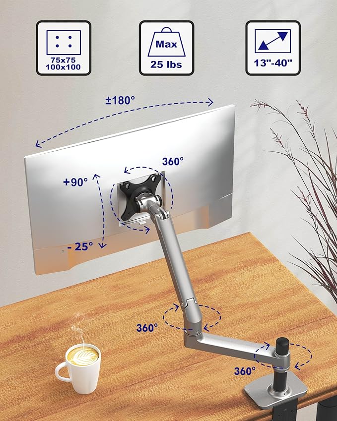 Ergounion Single Monitor Arm Desk Mount, Holds Screens up to 40 Inches and 25