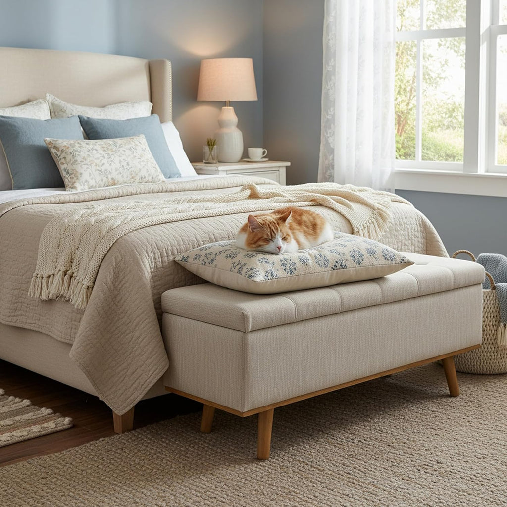 Storage Ottoman Bench, 45" End of Bed Bench, Beige