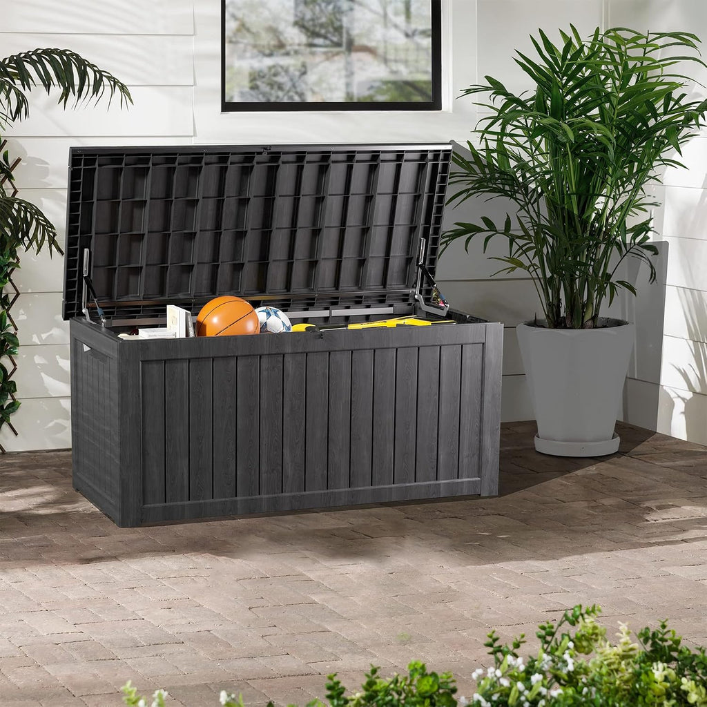 outdoor storage box, 200 gallon waterproof deck box showing dimensions