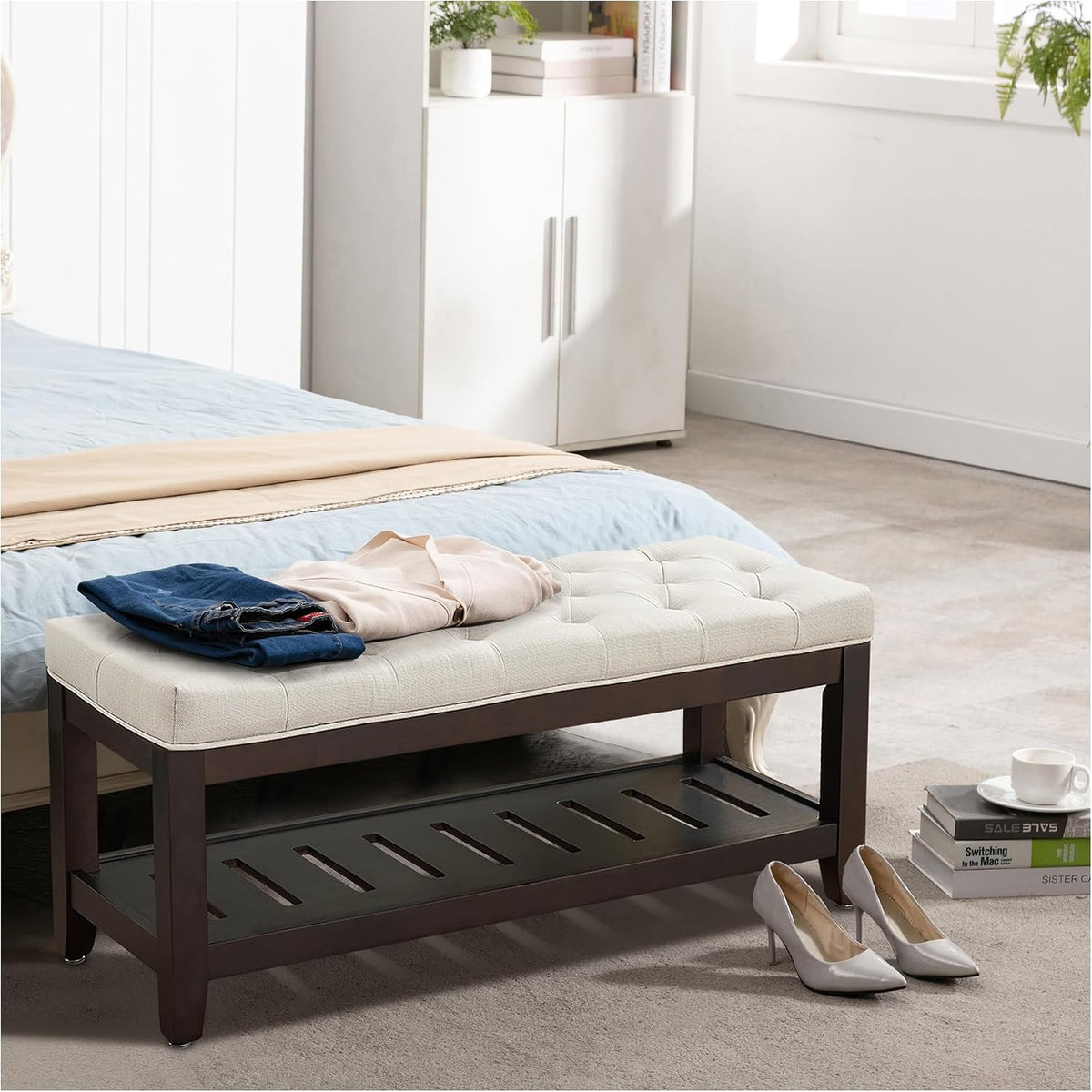 44" Entryway Bench with Shoe Storage, Upholstered, 500 LBS