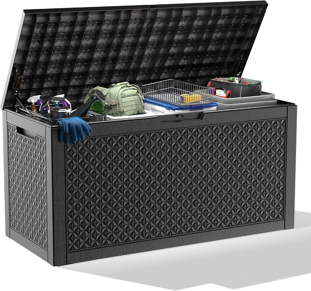 Outdoor Waterproof Resin Storage Deck Box Lockable Outside Bench UV Resistant Bin Patio Porch Furniture Pool Float Garden Tool Cushion (Black, 110 Gallon)