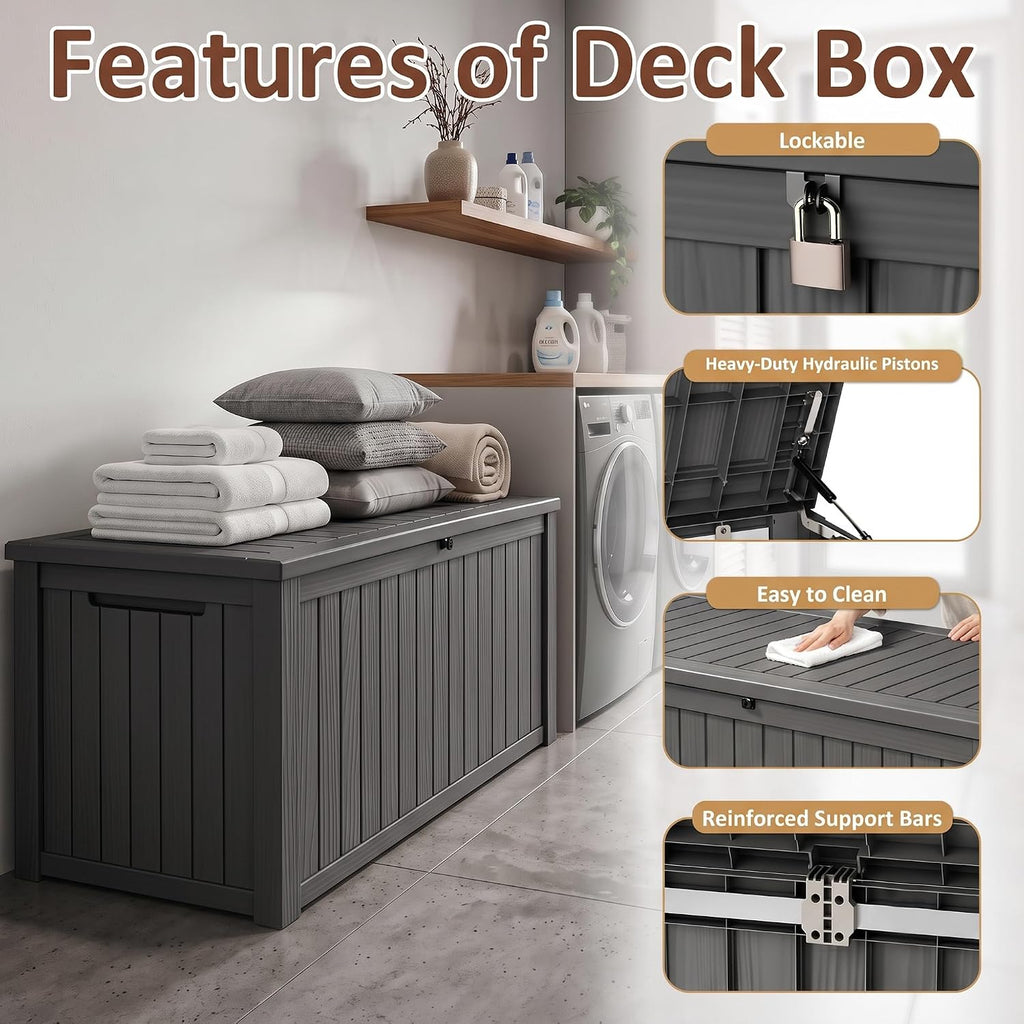 260 gallon large resin deck box, heavy duty, side view