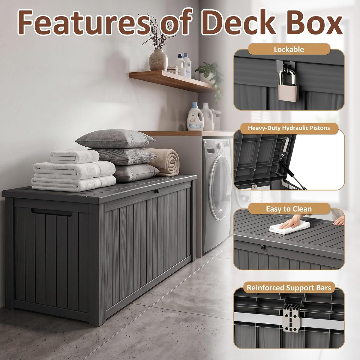 260 gallon large resin deck box, heavy duty, side view