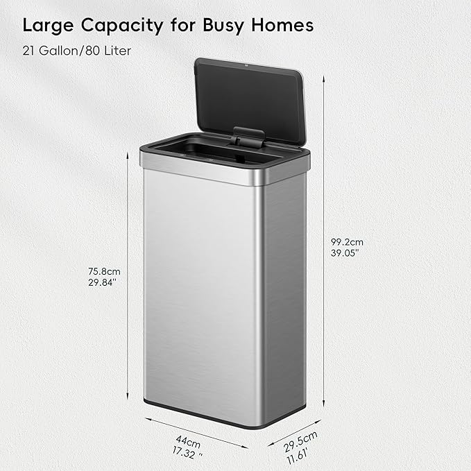 EKO Nova Sensor Trash Can, 21 Gallon/80 Liter Stainless Steel Rectangular