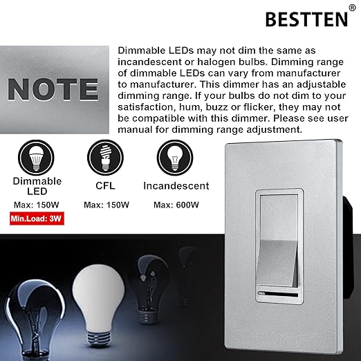BESTTEN 10 Pack Matte Silver Dimmer Light Switch, Single Pole or 3-Way