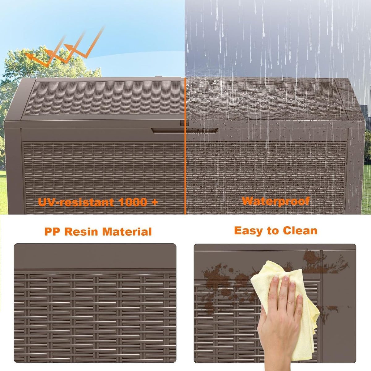 vixzen 120 gallon deck boxes outdoor waterproof, resin, close-up detail