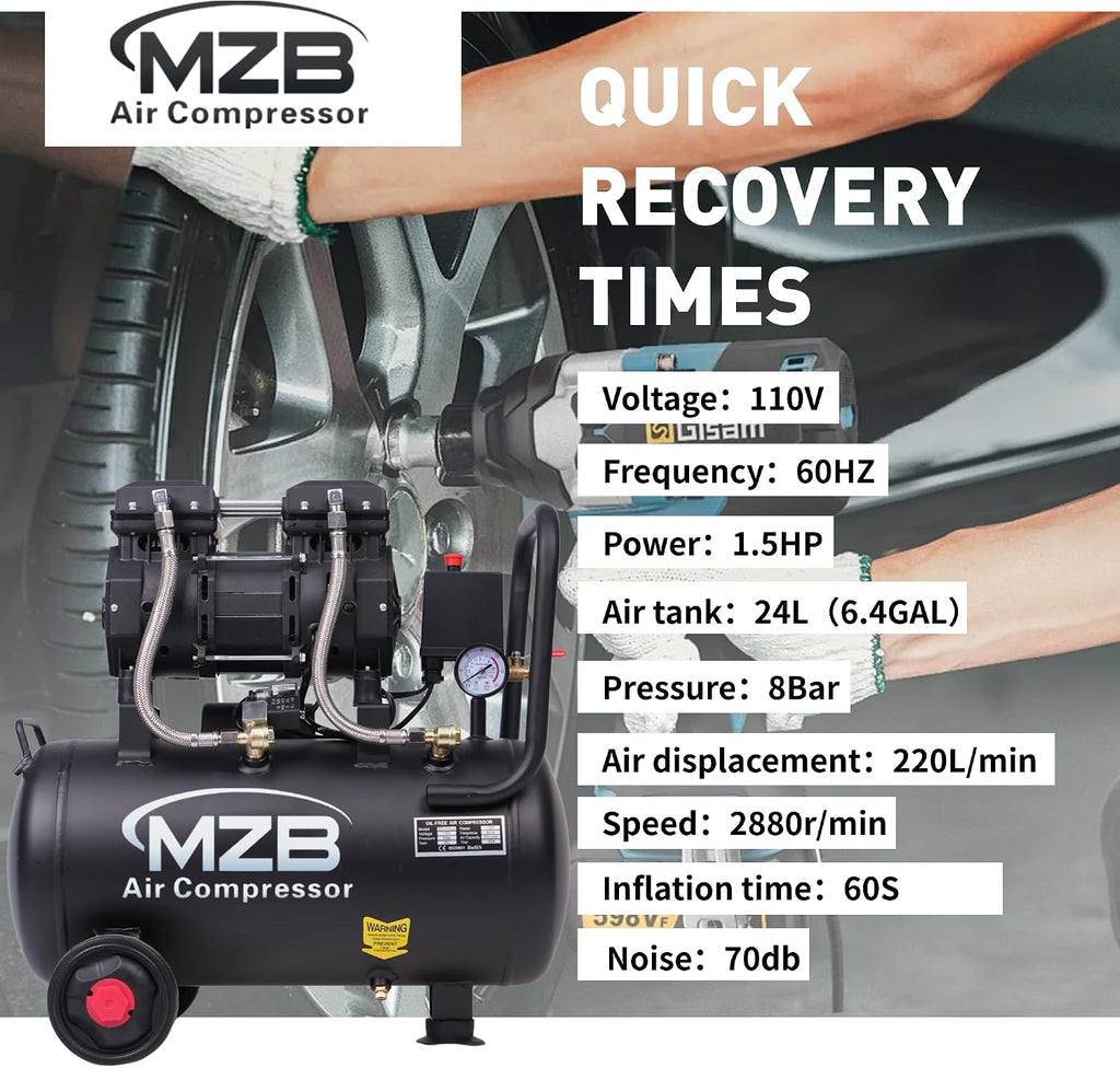 MZB 6.4 Gallon Ultra Quiet Air Compressor 110V/60Hz 7.41CFM 1.5HP, MAX 115PSI Steel Tanks Oil-Free 70dB Noise Level Air Compressor with Wheels for Spray Painting, Auto Repair, Carpentry Decoration