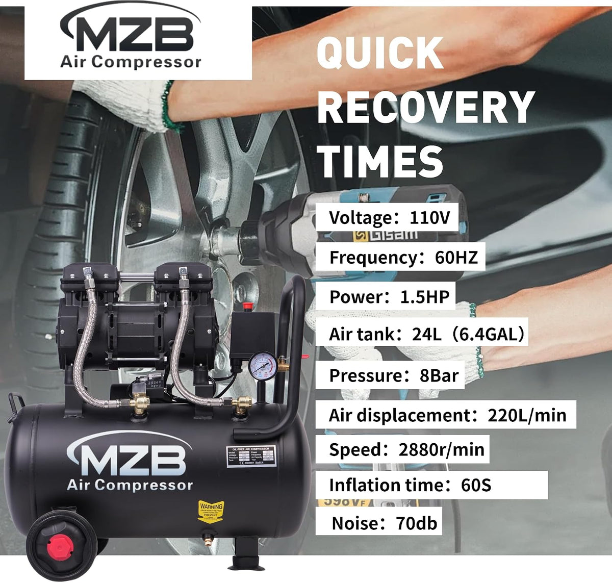 MZB 6.4 Gallon Ultra Quiet Air Compressor 110V/60Hz 7.41CFM 1.5HP, MAX 115PSI Steel Tanks Oil-Free 70dB Noise Level Air Compressor with Wheels for Spray Painting, Auto Repair, Carpentry Decoration