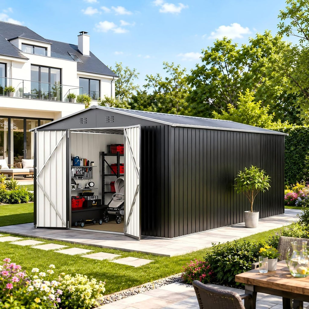 10X14 FT Outdoor Storage Shed, Durable Metal Outside Storage with Lockable Doors, Waterproof Storage Shed for Tools, Equipment, Ideal for Backyard Garden Patio Lawn