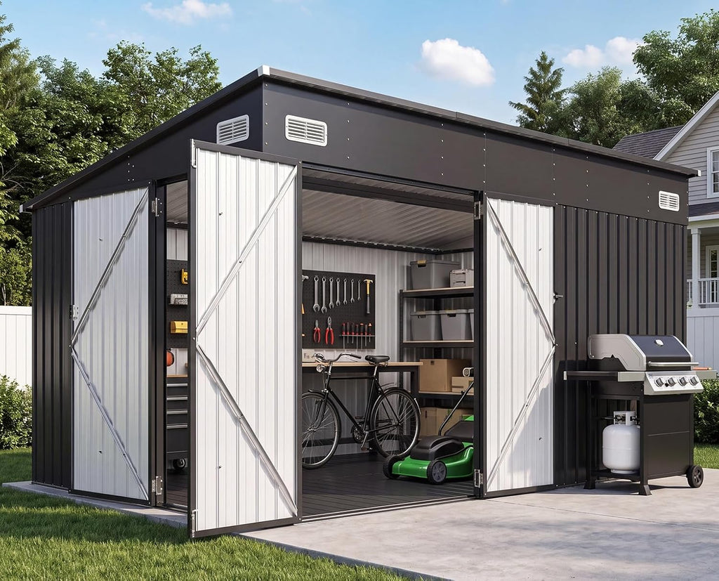 8'x12' Lean to Shed Metal Storage Shed with Floor,Triple Door