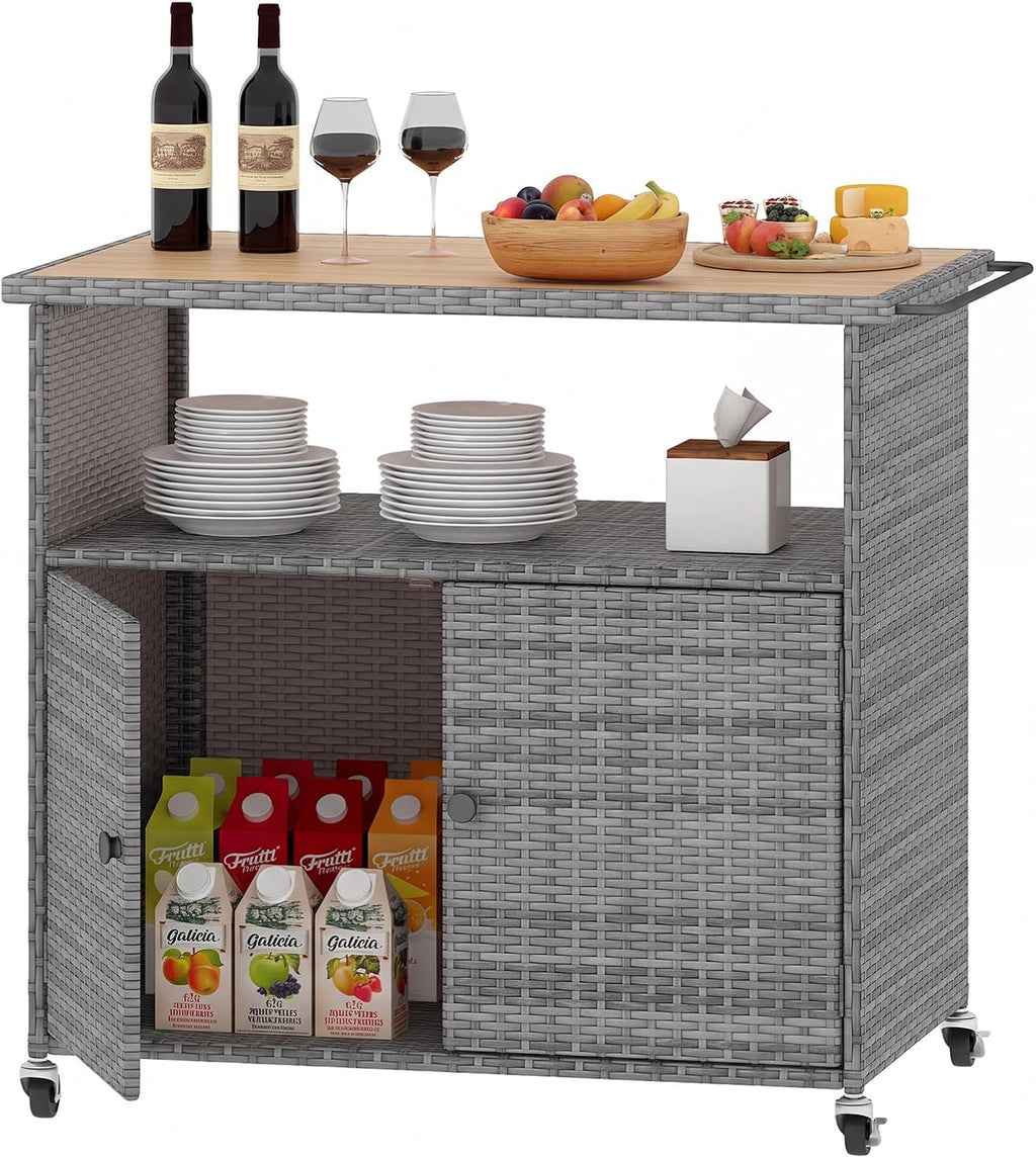 Tangkula Rattan Outdoor Storage Cabinet with 4 Wheels (Mix Grey)