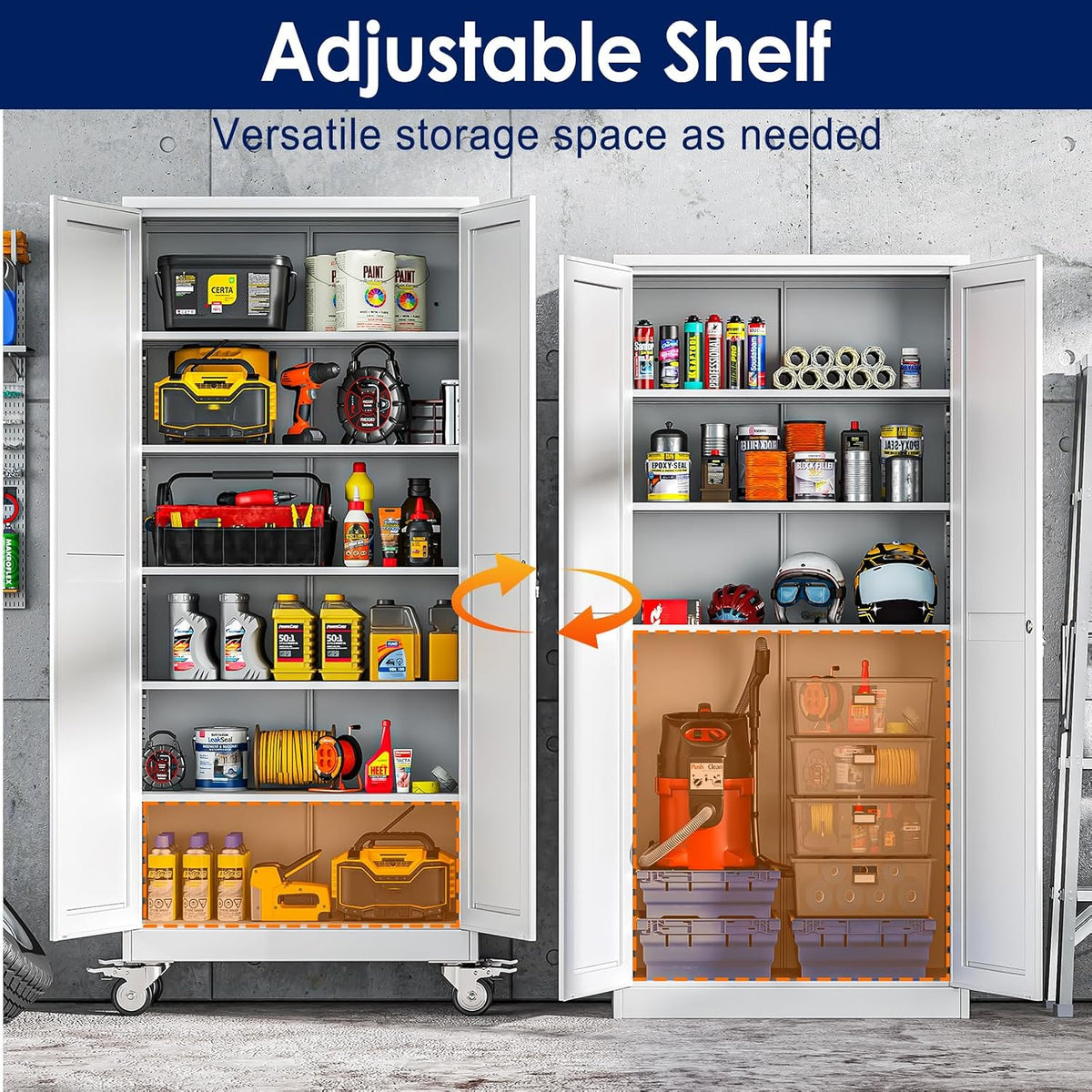 erosoei 75" h metal garage storage cabinet, rolling showing dimensions