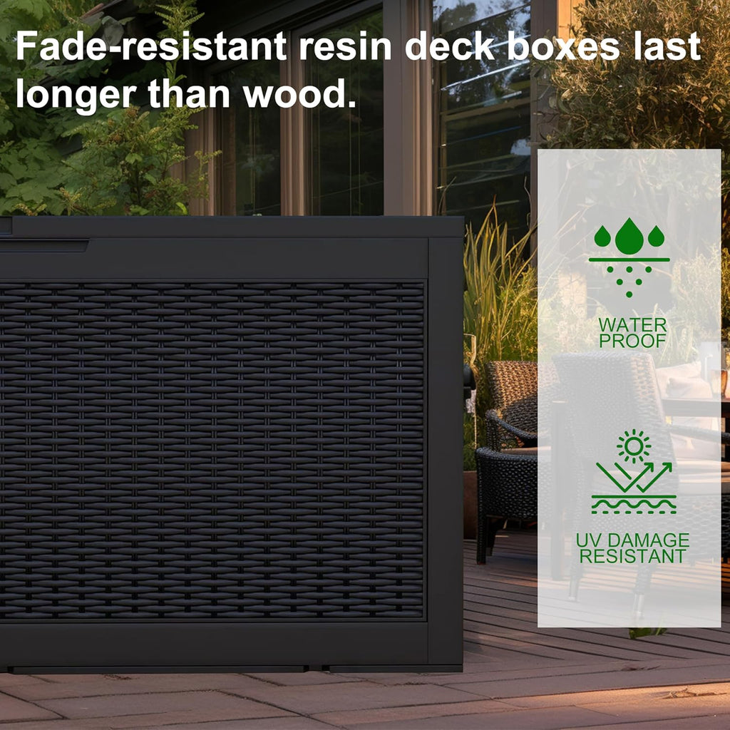 120 gallon outdoor deck box, lockable waterproof outdoor showing dimensions