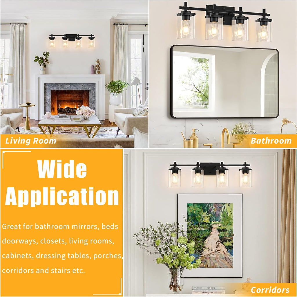 4-Lights Matte Black Bathroom Light Fixture, Modern Black Vanity Lights Over Mirror with Clear Glass Shade, Bathroom Wall Mounted Lamp for Mirror Living Room Hallway Cabinet