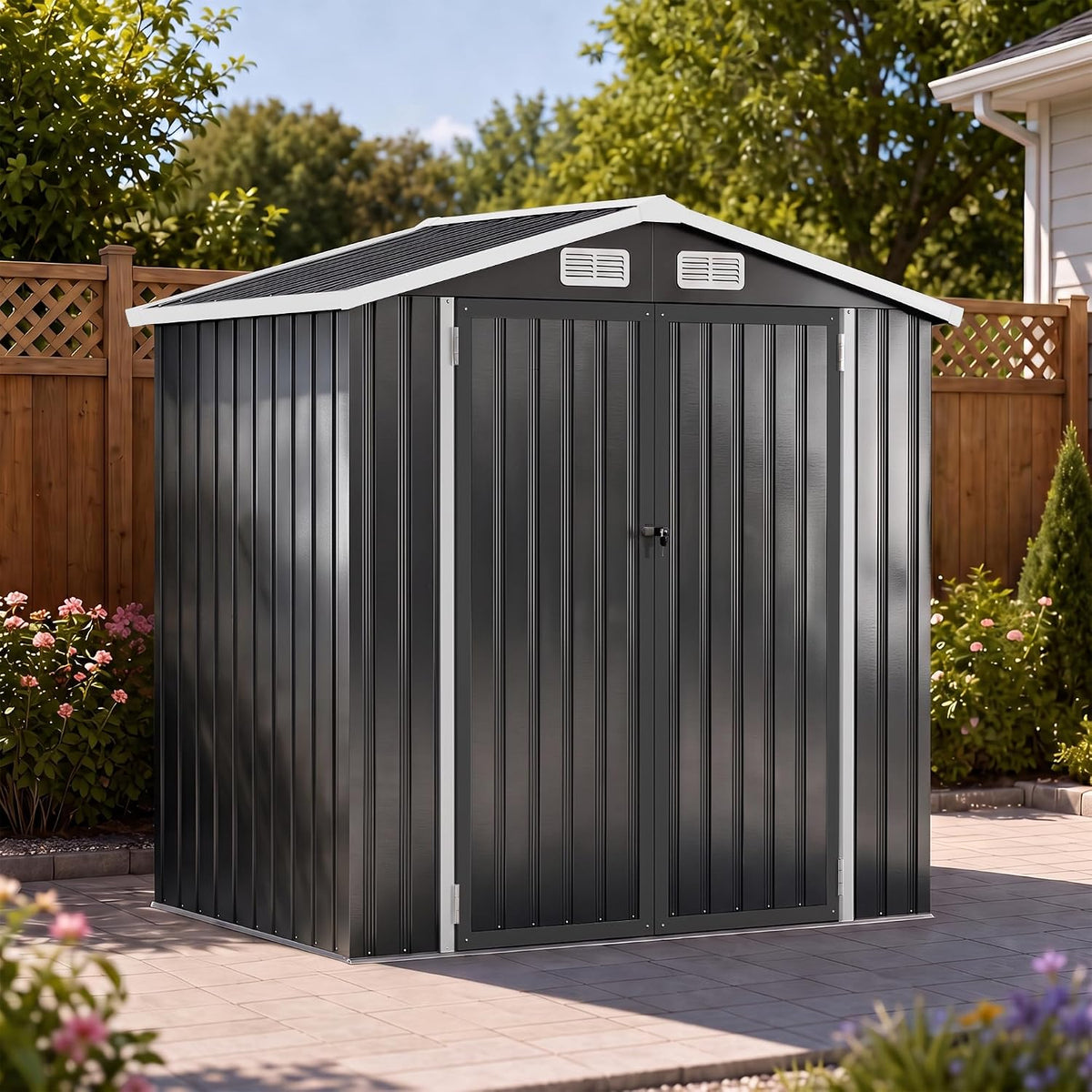 6x4ft outdoor storage shed, tool shed with sloping on a desk or shelf