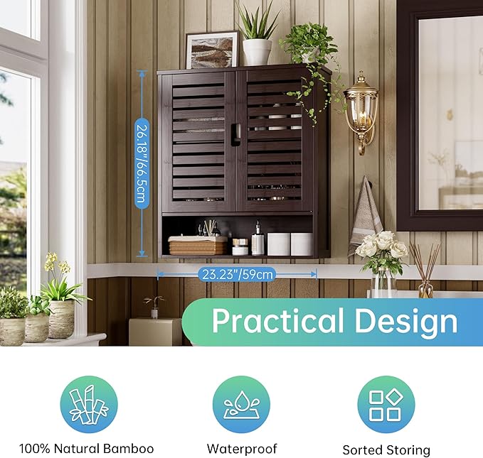 SMIBUY Bathroom Cabinet Wall Mounted, Bamboo Over-The-Toilet Storage Organizer