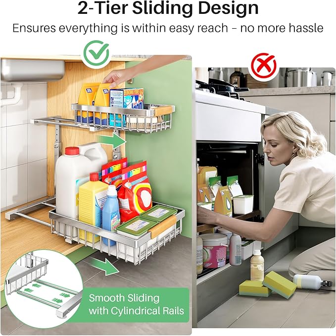 Under Sink Organizer, Stainless Steel 2 Packs 2 Tier Under Sink Organizers and