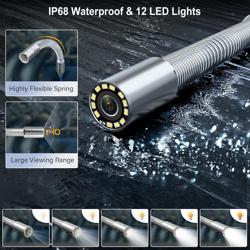 sewer camera with self-leveling dvr, 100ft snake, 9" showing dimensions