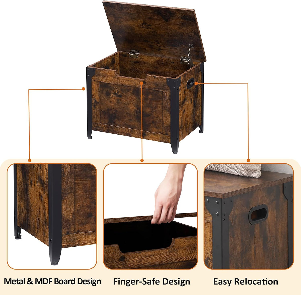 idealhouse 23.6" storage bench with 2 safety hinges showing dimensions