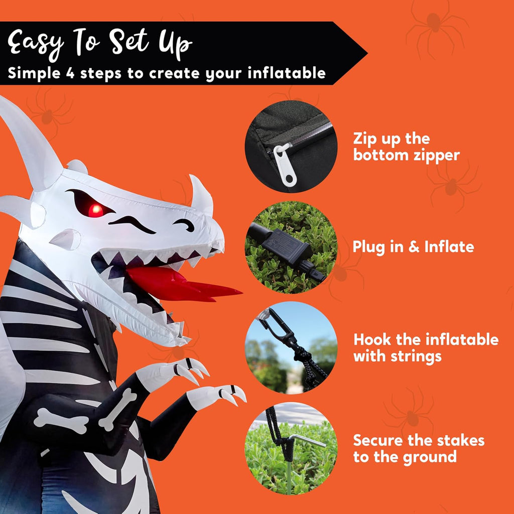 Joiedomi 8 FT Tall Halloween Inflatables Outdoor Skeleton Dragon Decoration, Blow Up Yard Decoration Inflatable Skeleton Dragon, Scary Halloween Decorations with Red LED Eyes for Lawn Garden Decor