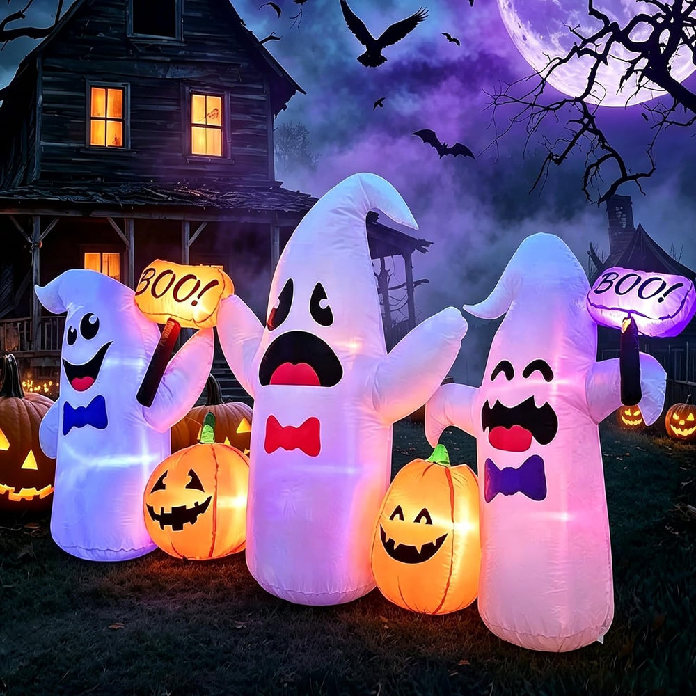 8 Ft Long Halloween Inflatable 3 Ghosts and Pumpkins Decorations Outdoor