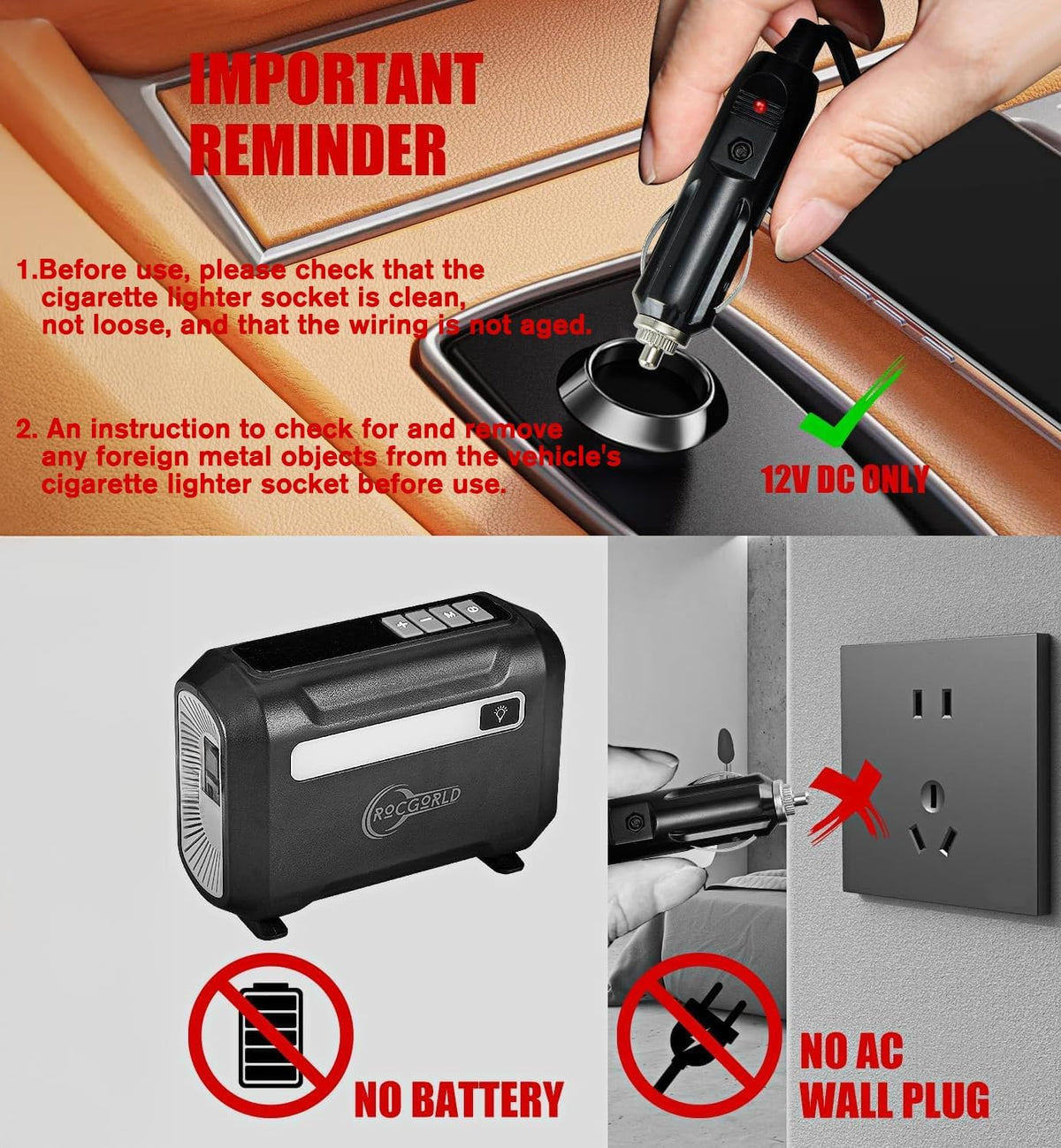 ROCGORLD R8 Tire Inflator Portable Air Compressor, DC 12V Air Compressor Portable with Large Dual Digital Screen, 3X Faster Inflation Air Pump for Car, Bike, Ball, Motor