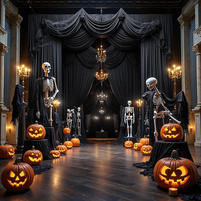 PartyVillage 60ft×15ft Black Backdrop Curtain for Halloween Parties, 12 Panels Wrinkle Free 15 FT Long Polyester Photo Backdrop Drapes Back Drop Cloth for Birthday Photography Background