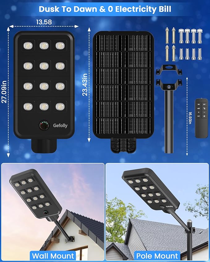 Gefolly G-13000W Solar Street Light Outdoor, Wide Angle Commercial Parking Lot