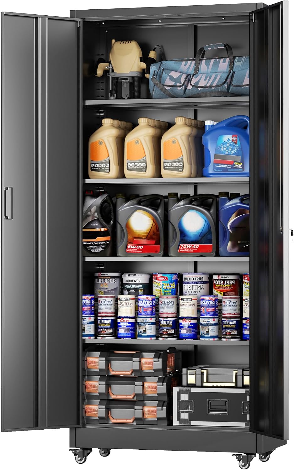 Greenvelly Metal Storage Cabinet with 4 Swivel Wheels,73" H Black Garage Storage Cabinet with Wheels, Rolling Tool Cabinet with Locking Doors and Shelves for Home,Basement, Kitchen Pantry,Warehouse