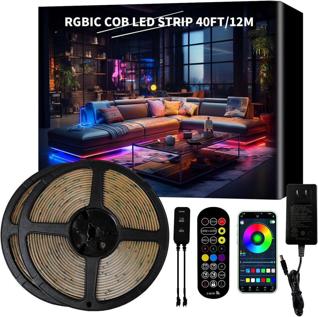 BUNACET 40ft COB RGB+IC LED Strip Lights, Bright Dream Color COB LED Light Strip (2 Rolls)