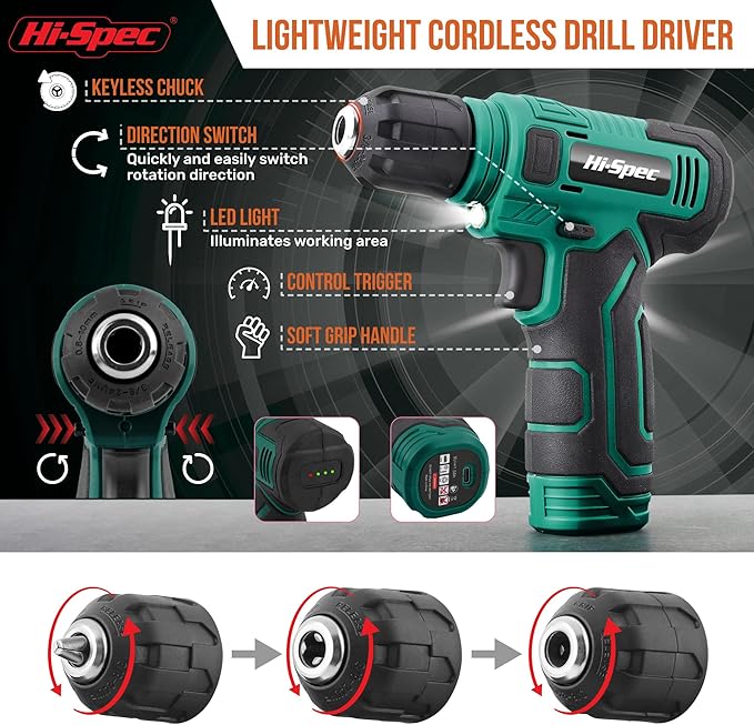 Hi-Spec 110pc Green 8V USB Electric Power Cordless Drill Driver Set. Drill Bits