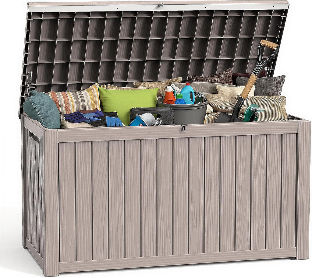 ROJIK Outdoor Storage Housing Deck Box - Waterproof Patio Furniture, Garden Tools, Cushions, Pool Accessories Storage Bench with Lockable Lid and Side Handles (Grey 200 Gal)