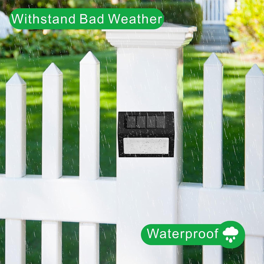 white light solar yard fence lights, rainproof metal shown in use