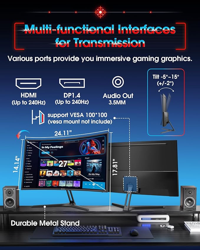 SANSUI 27 Inch Curved 240Hz Gaming Monitor FHD 1080P, 1500R Curve Computer