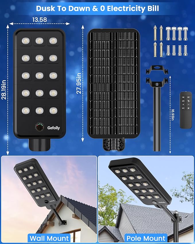 Gefolly G-15000W Solar Street Light Outdoor, Wide Angle Commercial Parking Lot