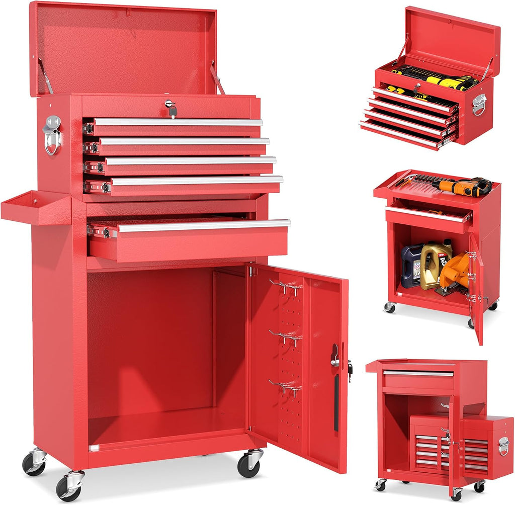 INTERGREAT Tool Chest, 5 Drawers Rolling Tool Chest with Detachable Top Tool Box, Tool Chests with Universal Lockable Wheels, Metal Tool Cart for Garage, Workshop, Barbershop, Red