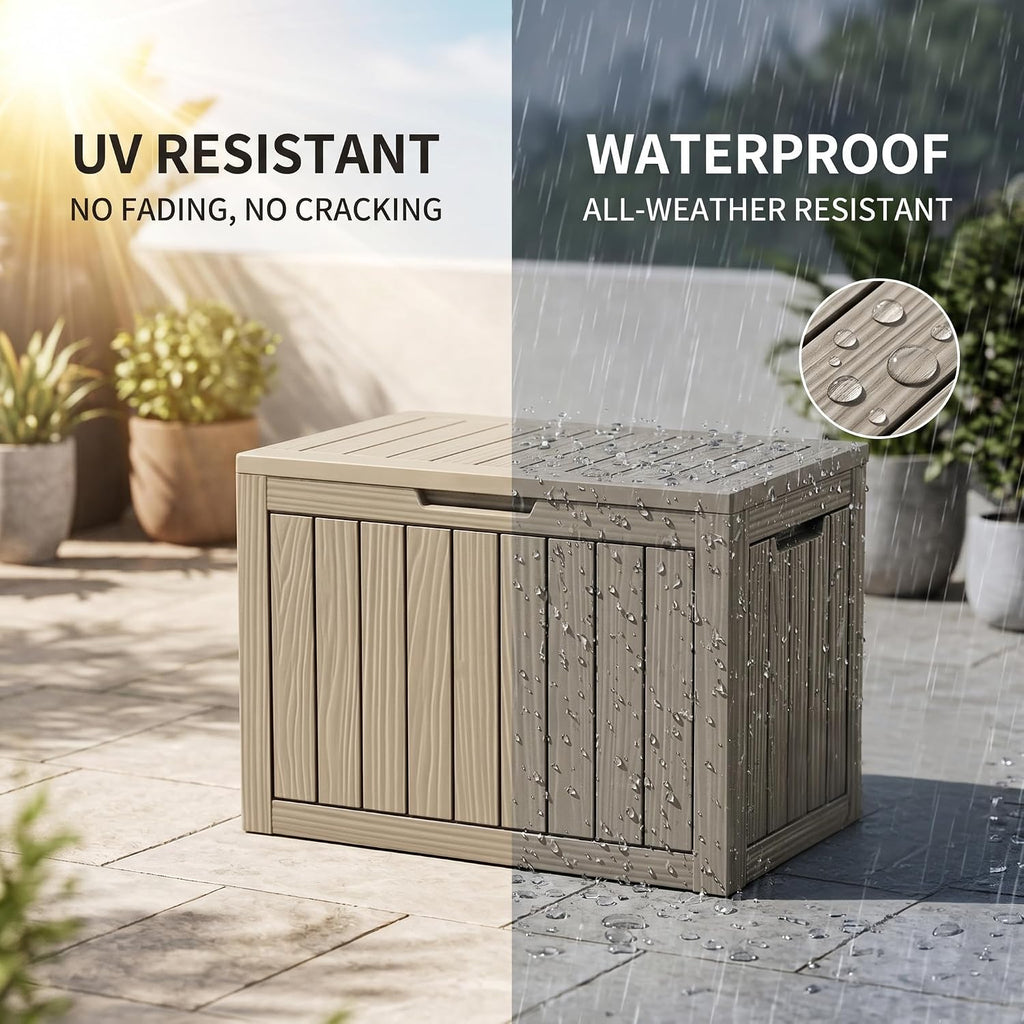 46 gallon deck box for patio furniture, outdoor shown in use