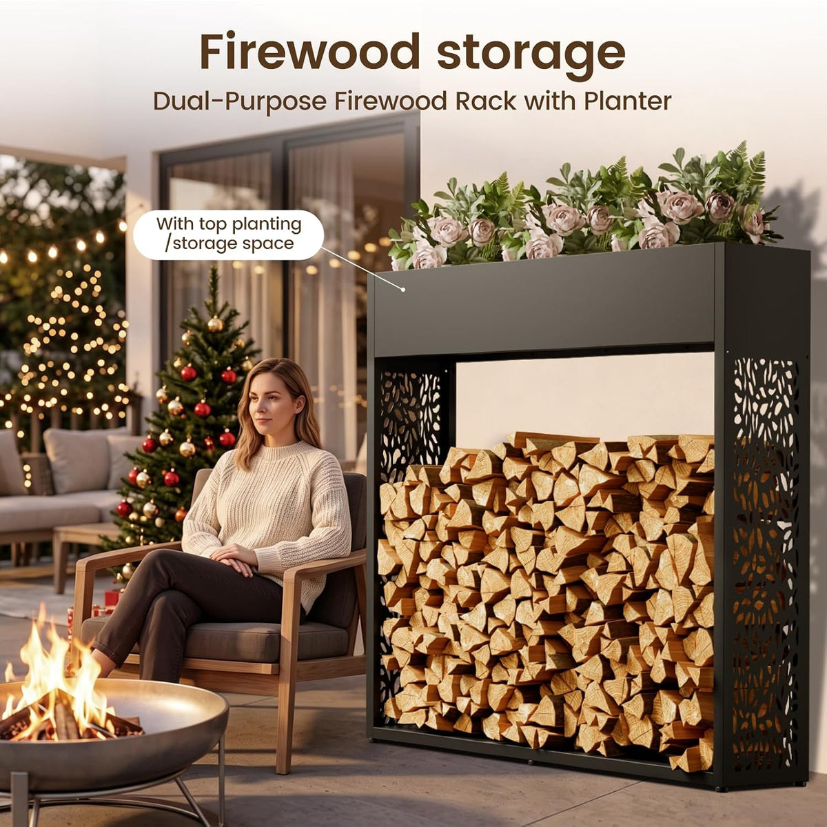 4ft firewood rack outdoor, fire wood log storage shown in use