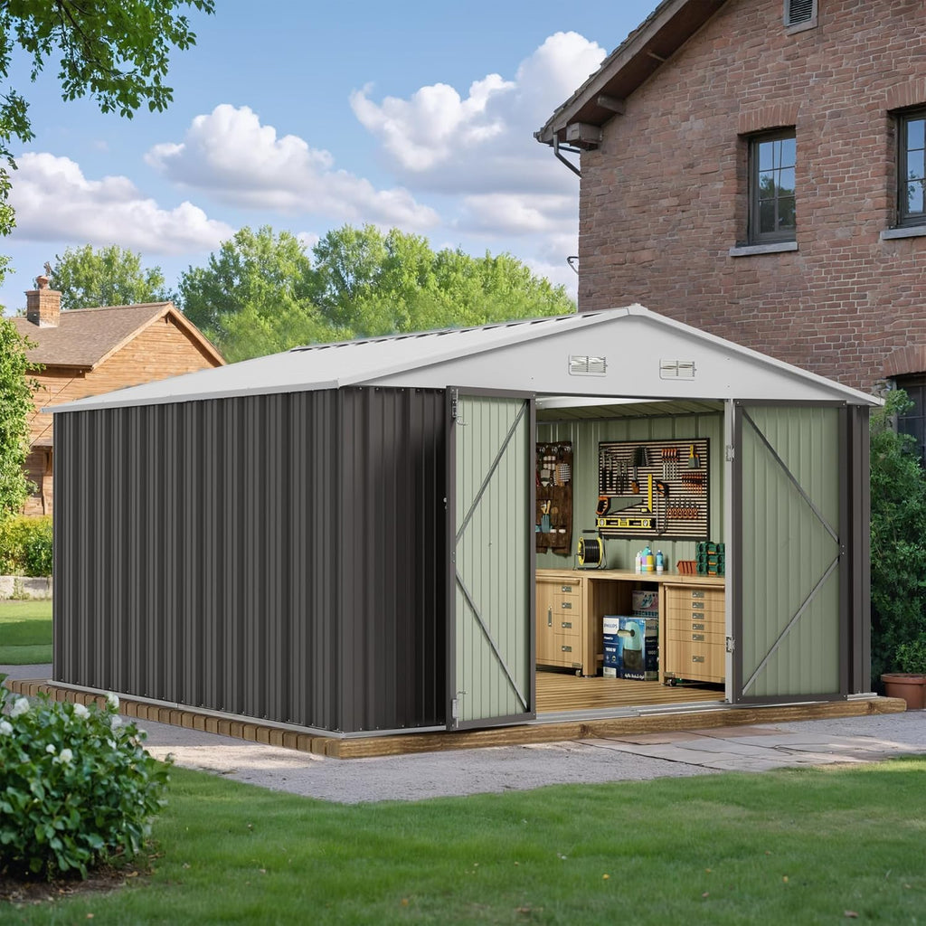 jummico 10x10 ft outdoor storage shed, grey shown in use