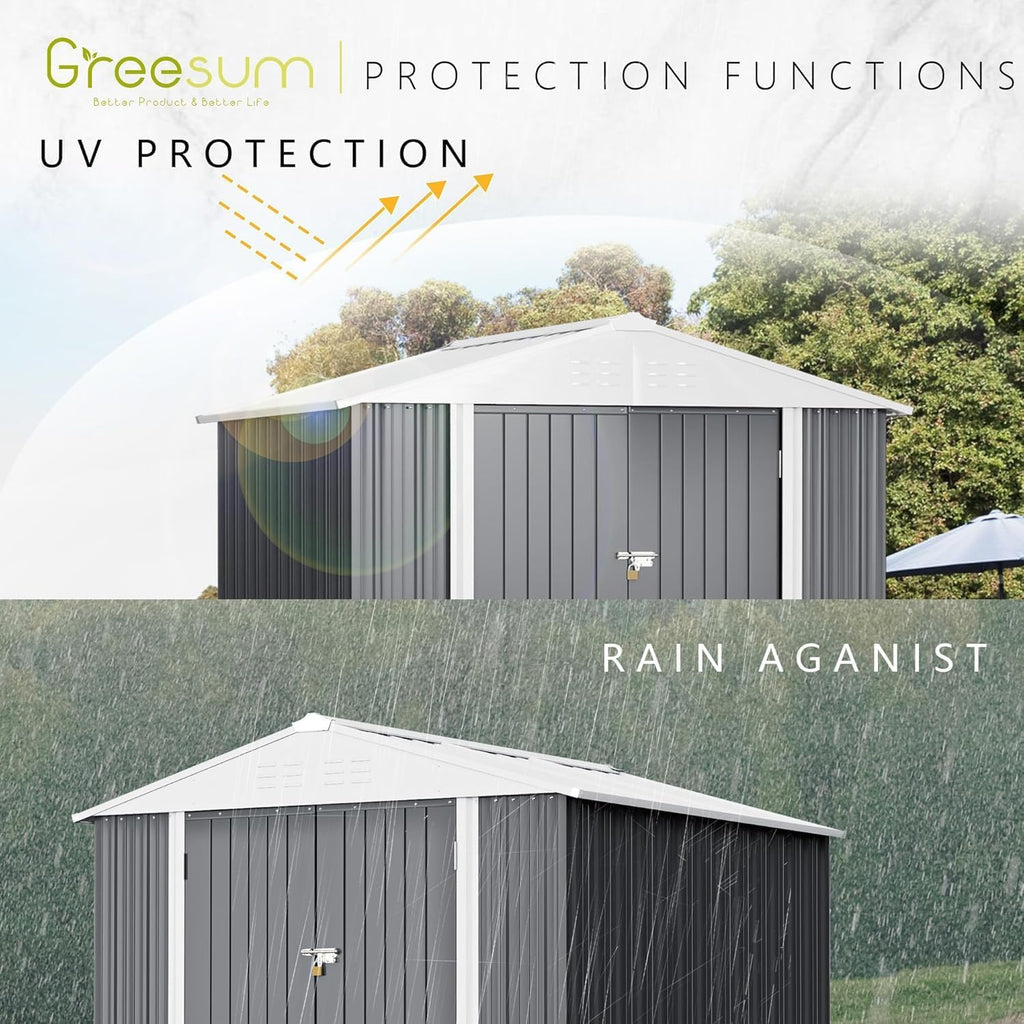 greesum 8x6ft outdoor storage shed, gray, side view