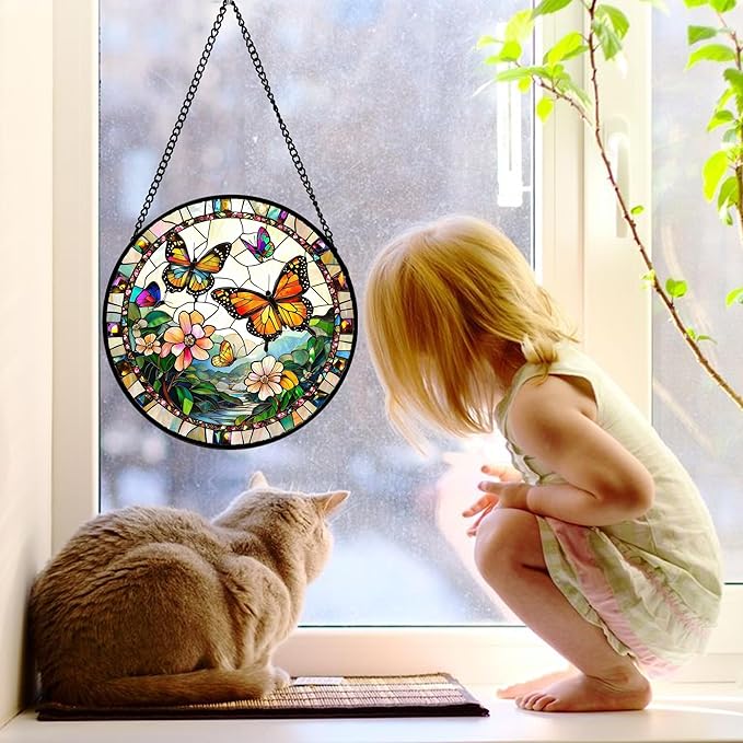 DASTOLL Stained Glass Window Hanging, Butterflies Flying in The Sky Suncatcher