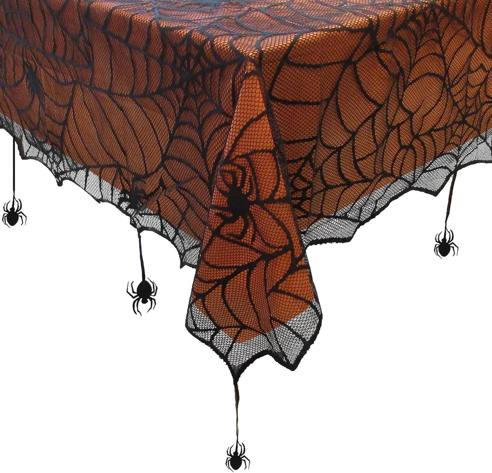 Crawling Web Lace Halloween Tablecloth with Orange Liner, Black - 52" W ...