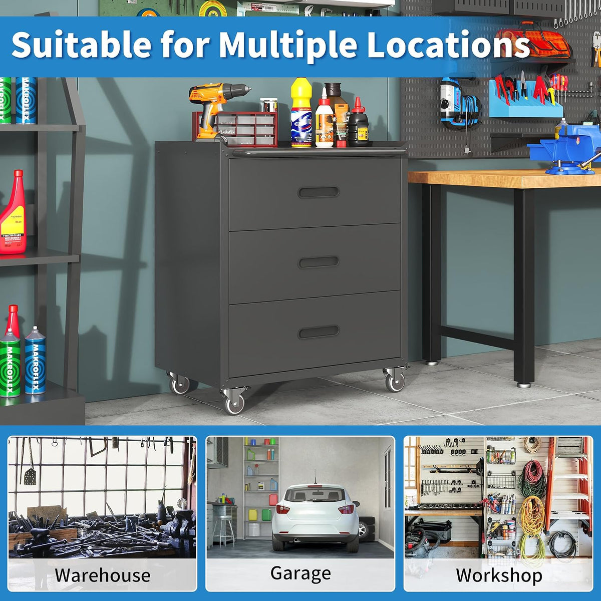 Mobile Garage Tool Storage Cabinet with 3 Drawers,Black Rolling Cabinet