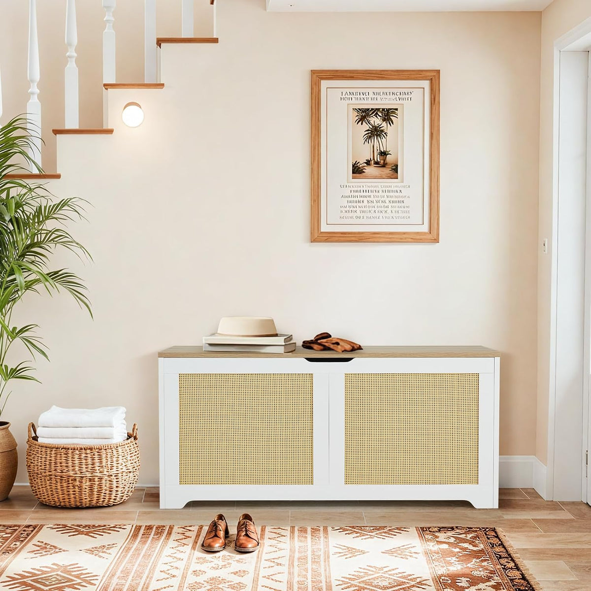 EROMMY 39.4" Storage Chest with 2 Safety Hinges, Rattan Storage Bench, Shoe Bench, Supports 300 lb, for Entryway, Bedroom, Living Room