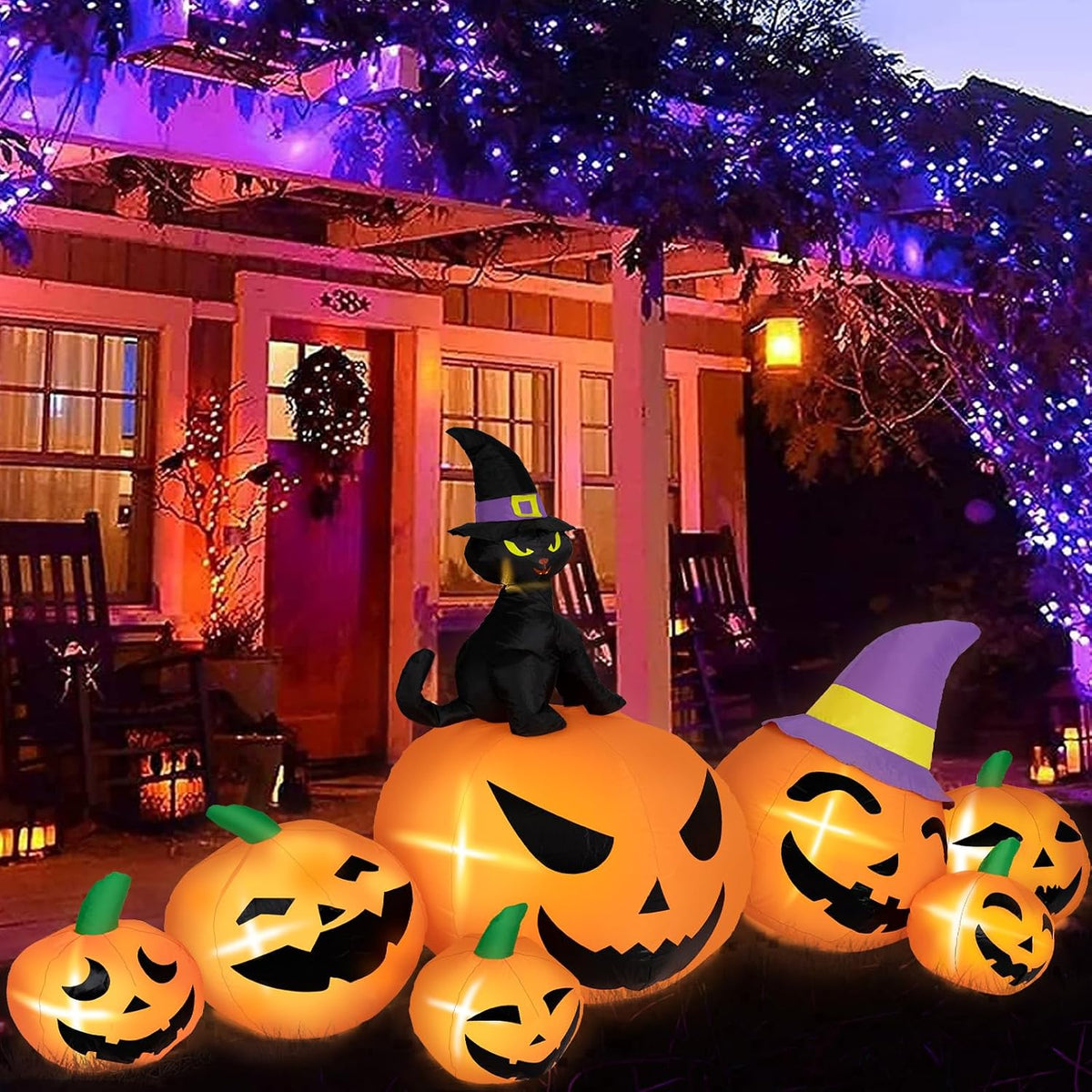 8FT Long Halloween Inflatables Pumpkin Outdoor Decorations, 7 Blow Up Pumpkins Inflatables with Witch Hat & Black Cat Built-in LED Lights for Halloween Party Yard Garden Lawn Decorations